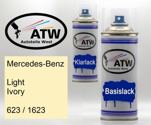 Mercedes-Benz, Light Ivory, 623 / 1623: 400ml Sprühdose + 400ml Klarlack - Set, von ATW Autoteile West.